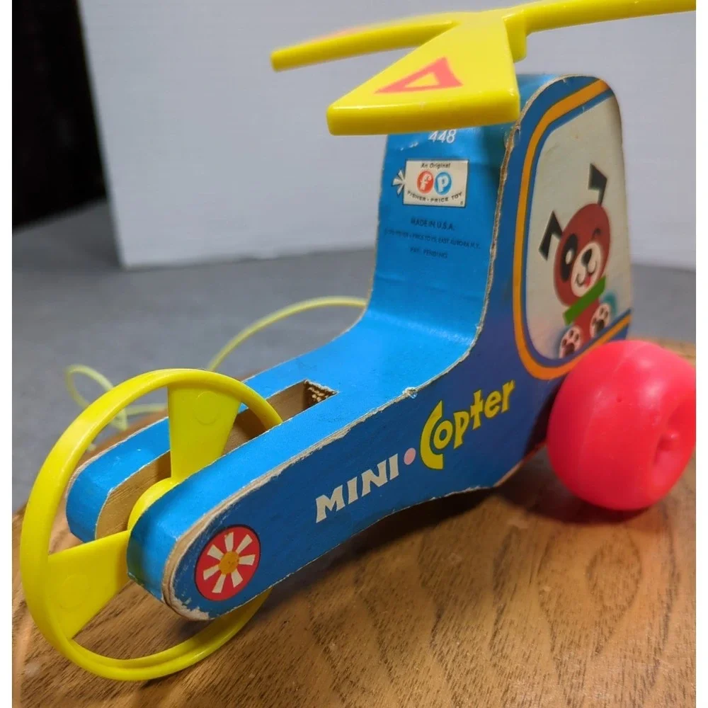 Vtg 1970 Fisher Price Mini Copter Pull Toy 448 Wood Helicopter Works Gnawd Strng